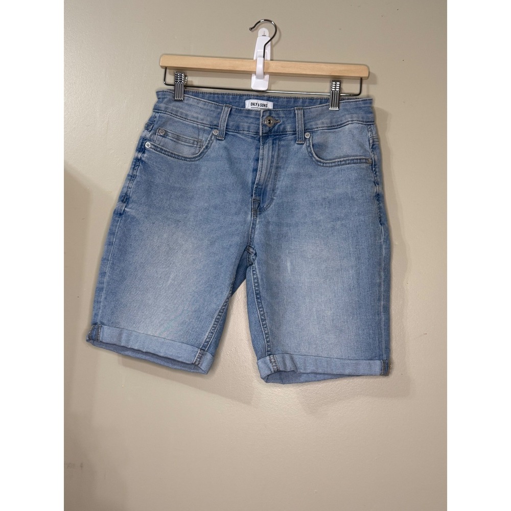 Only & Sons Men Light Wash Blue Denim Shorts Roll Up Hem Slim Fit  M 22024330